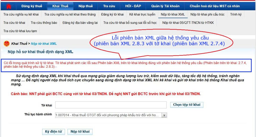 Thông báo lỗi phiên bản XML