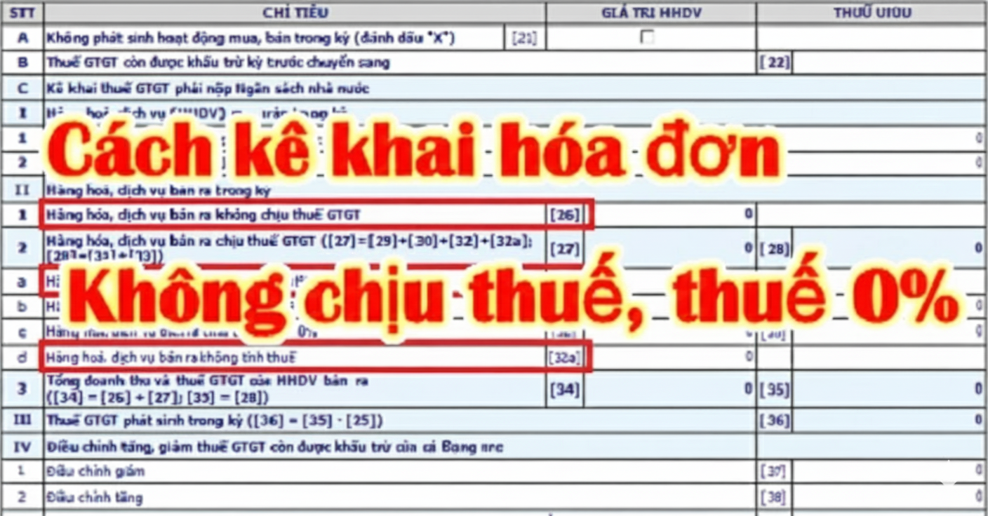 Cách kê khai hóa đơn không chịu thuế, thuế 0%