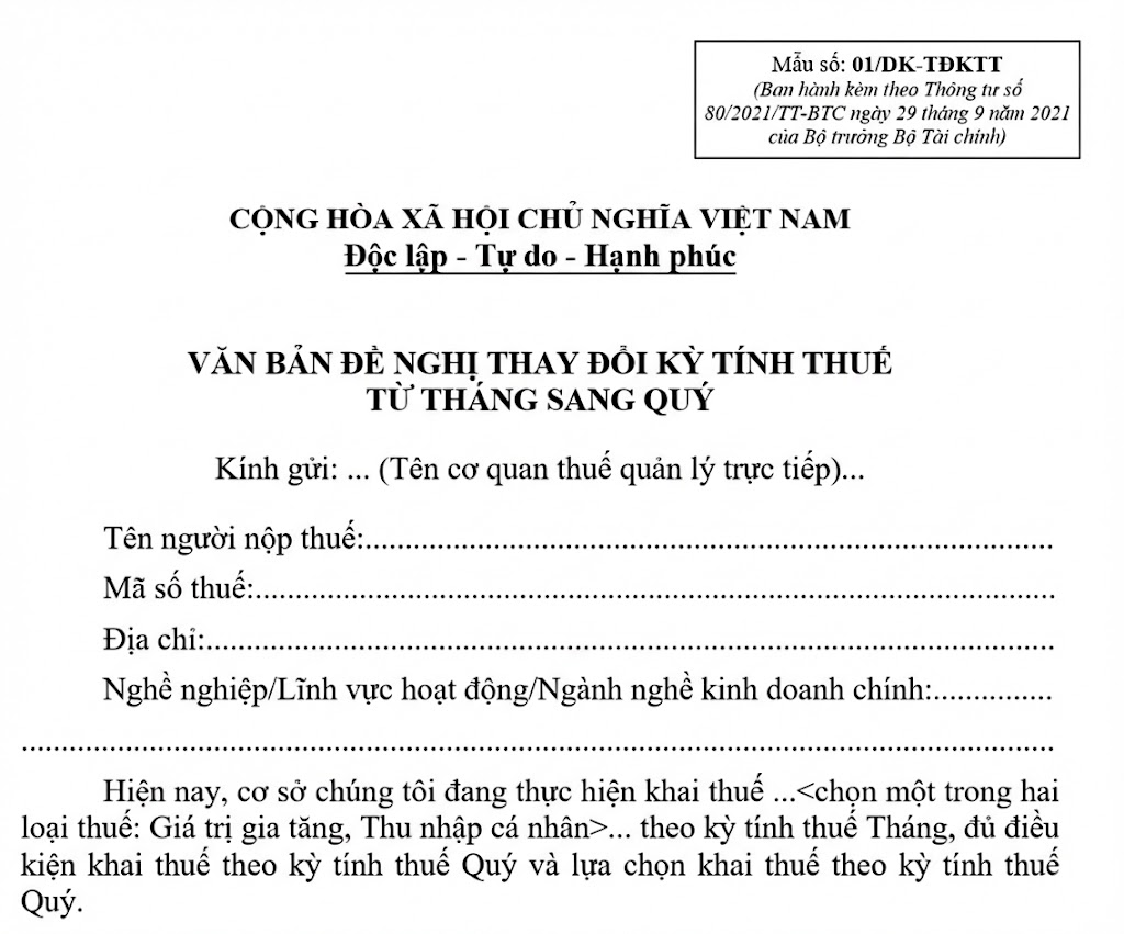 Mẫu chuyển đổi kỳ kê khai thuế GTGT