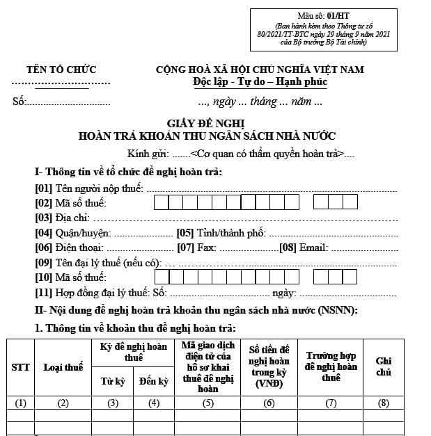 Mẫu giấy đề nghị hoàn trả khoản thu ngân sách nhà nước