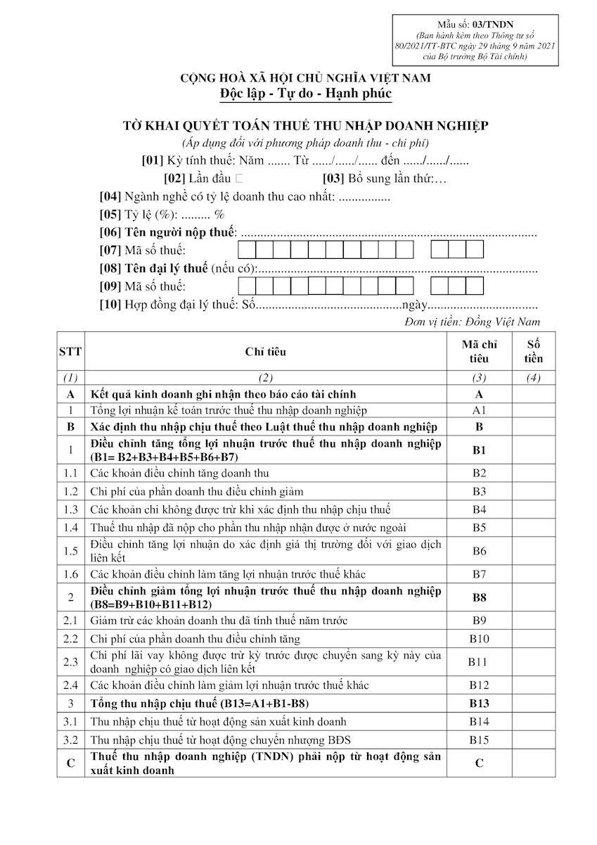 Mẫu số 03/TNDN tờ khai quyết toán thuế thu nhập doanh nghiệp theo TT 80/2021