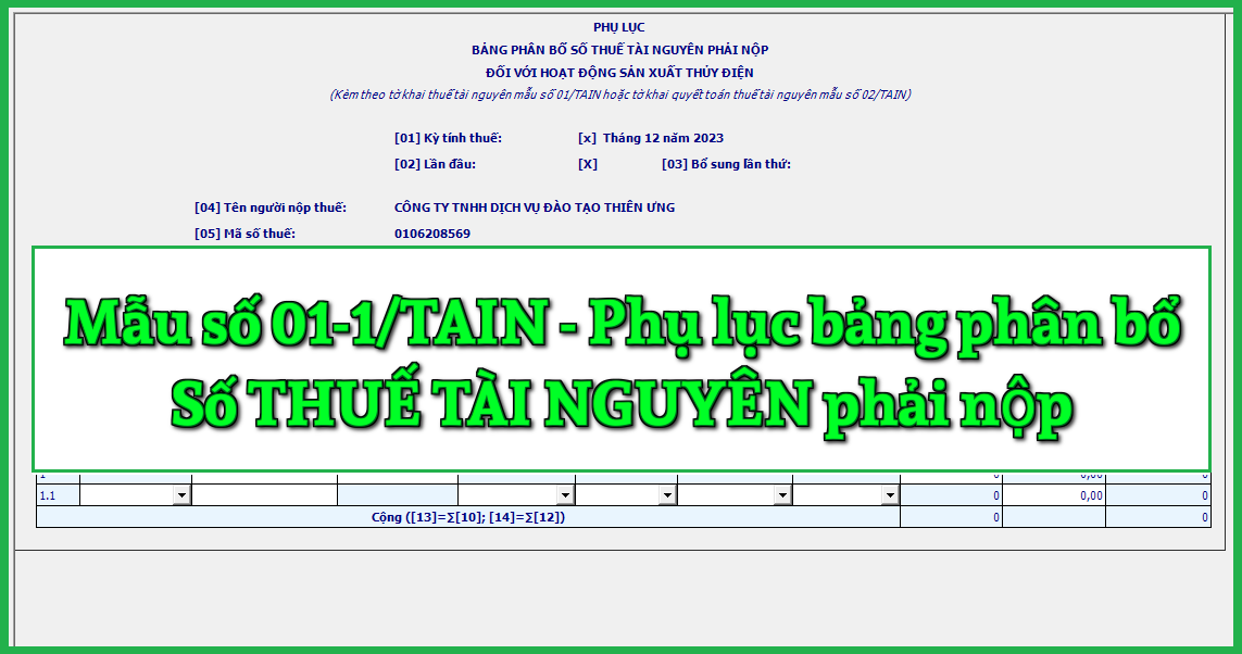 Mẫu số 01-1/TAIN Phụ lục bảng phân bổ số thuế tài nguyên phải nộp theo TT 80/2021