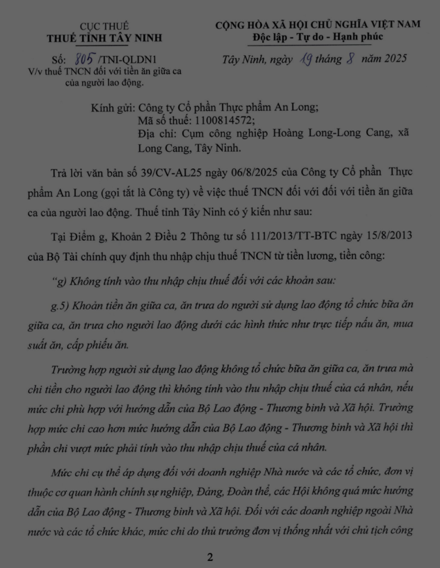 thuế tncn đối với tiền ăn t1