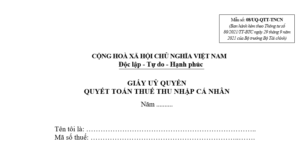 Mẫu giấy ủy quyền quyết toán thuế TNCN 08/UQ-QTT-TNCN năm 2026