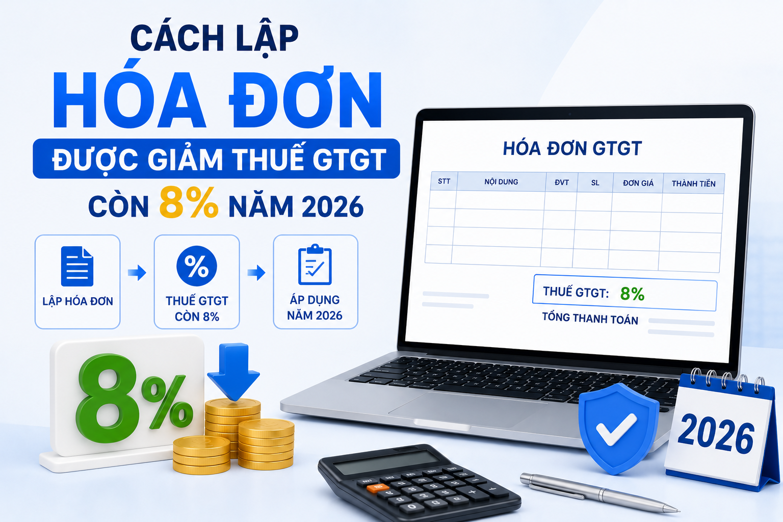 Cách lập hóa đơn được giảm thuế GTGT còn 8% năm 2026