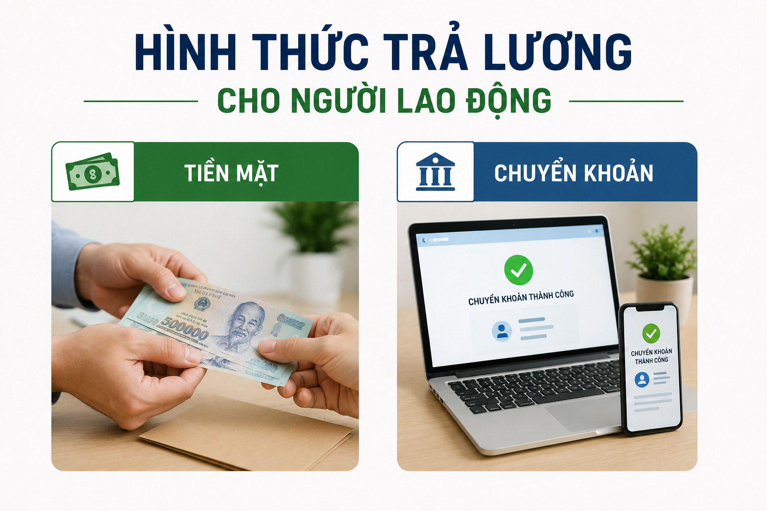 Hình thức trả lương cho người lao động là tiền mặt hoặc chuyển khoản