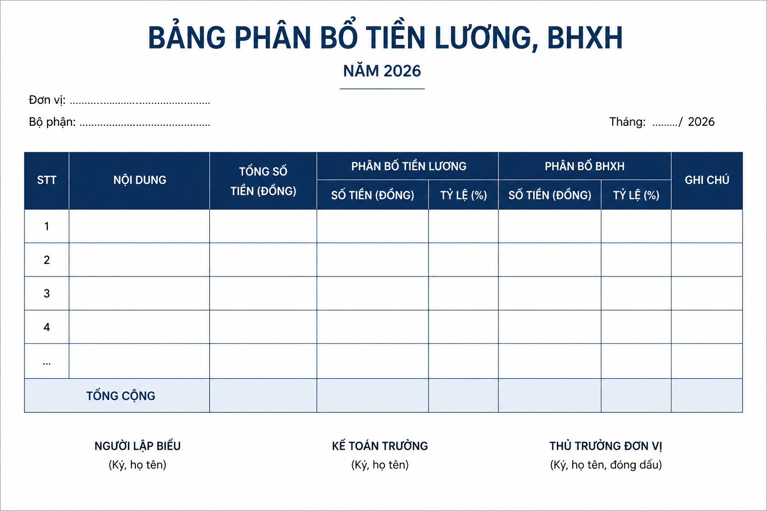 Mẫu bảng phân bổ tiền lương, BHXH mới nhất năm 2026