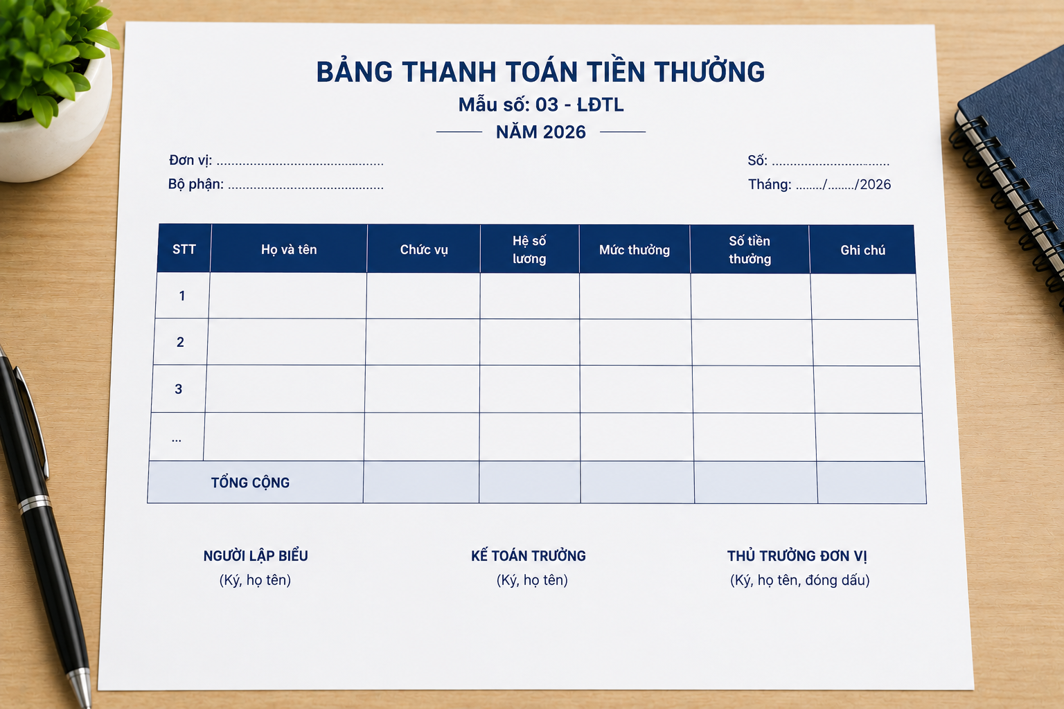 Mẫu Bảng thanh toán tiền thưởng 03-LĐTL mới nhất 2026